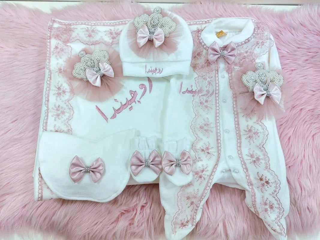 Customized Baby Name Newborn Pink Crown Jewels Gift Set 3pcs Outfits Pajamas Receiving Blanket Welcome Home Ceremonial dress