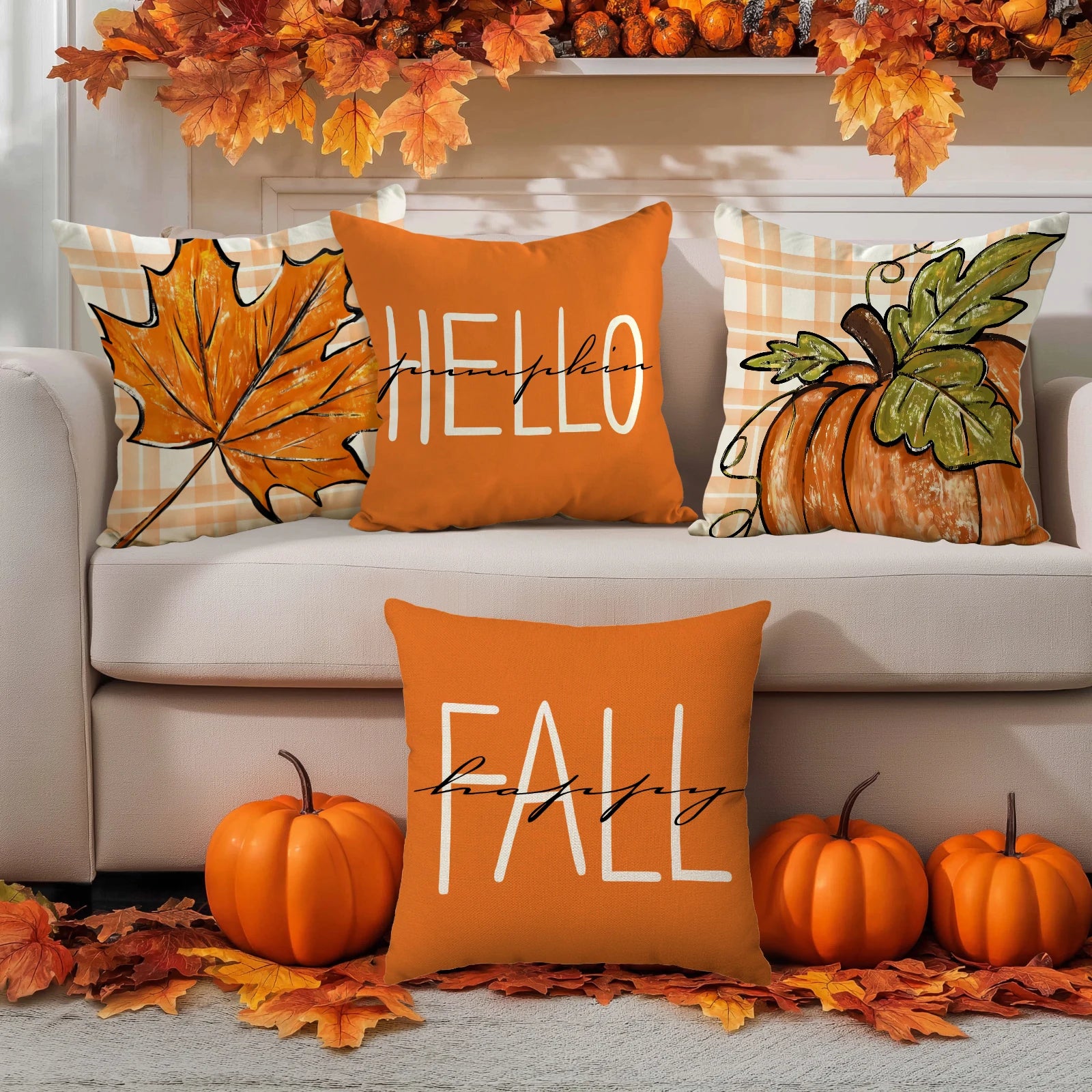4 قطع من أغطية الوسائد لعيد الشكر، نقشة اليقطين، ورقة القيقب، غطاء وسادة مخطط، غطاء وسادة ديكور منزلي بنقشة مرحباً بالخريف
