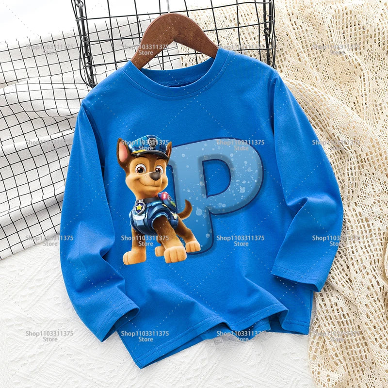 Cute PAW Patrol T-shirt Letter A-Z Print Top Long Sleeve Fashion Summer Boys Clothes Cartoon Kids Birthday Gift Outdoor Wear Tee