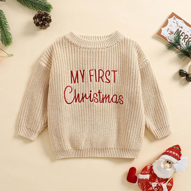 Baby Christmas Sweaters Letter Embroidered Long Sleeve Round Neck Knitted Pullover