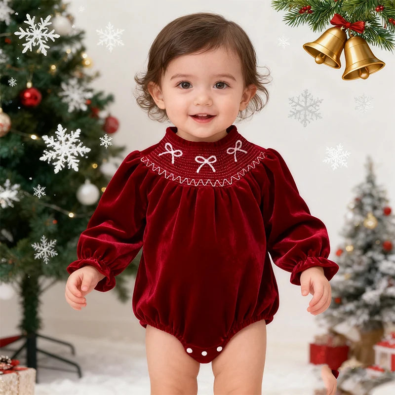 2025 Christmas 0-24M Baby Girls Jumpsuit Casual Bow Embroidered Long Sleeves Newborn Romper Christmas Party Toddler Cute Clothes