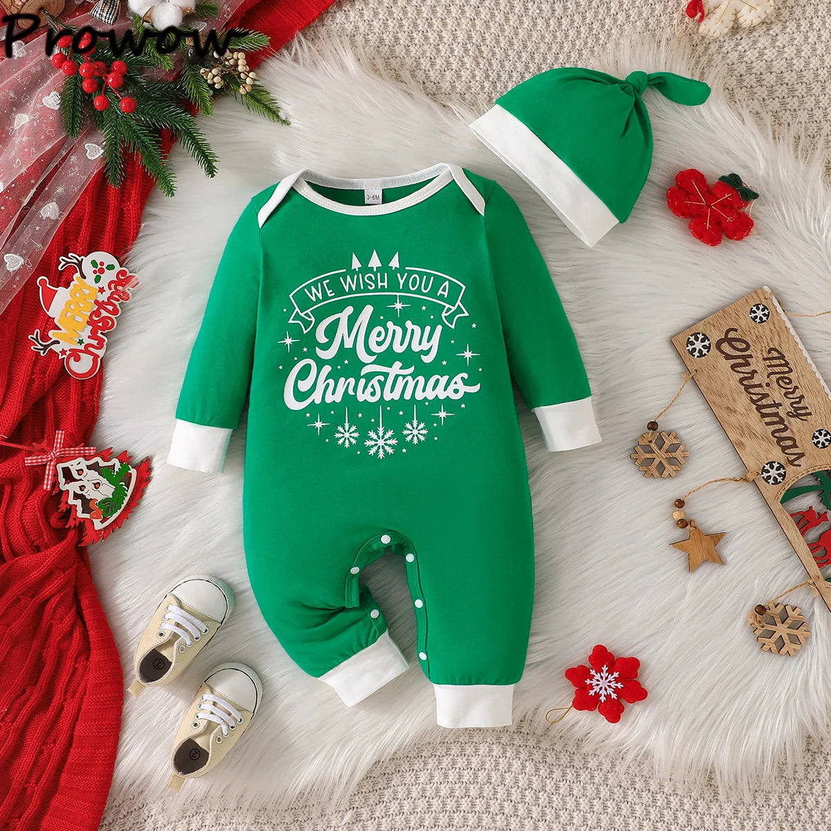 Prowow Baby Christmas Clothes 2025 Cartoon Pattern Green Romper Xmas Jumpsuit For Kids Newborn New Year Baby Costume Boy Girls