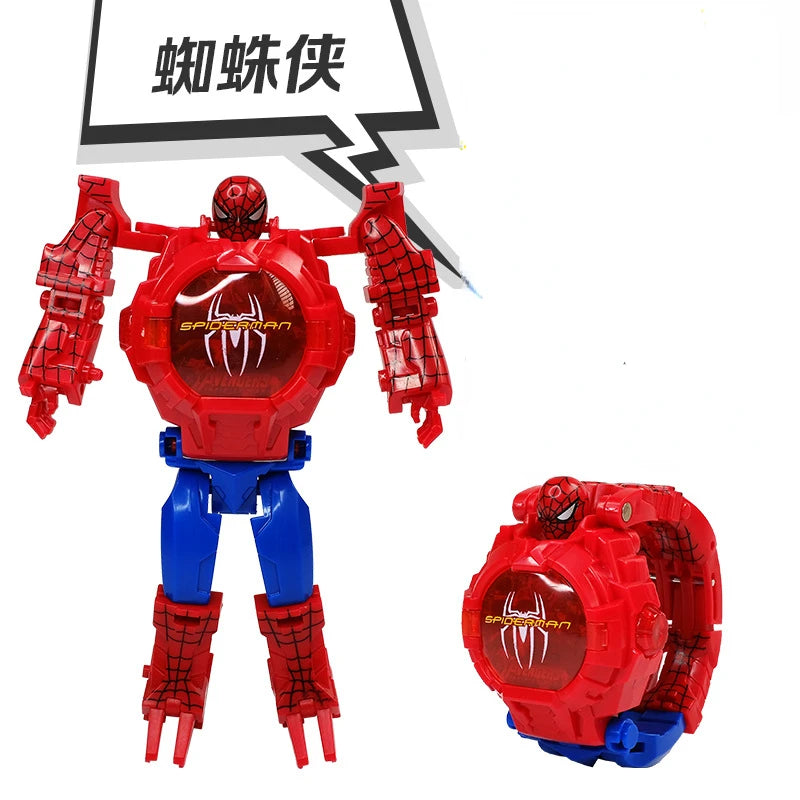 2026 Hot Marvel Iron Man Spiderman Cartoons Children's Watch Deformation Robot 3d LED Luminous Watch Children's Model Toy Watch