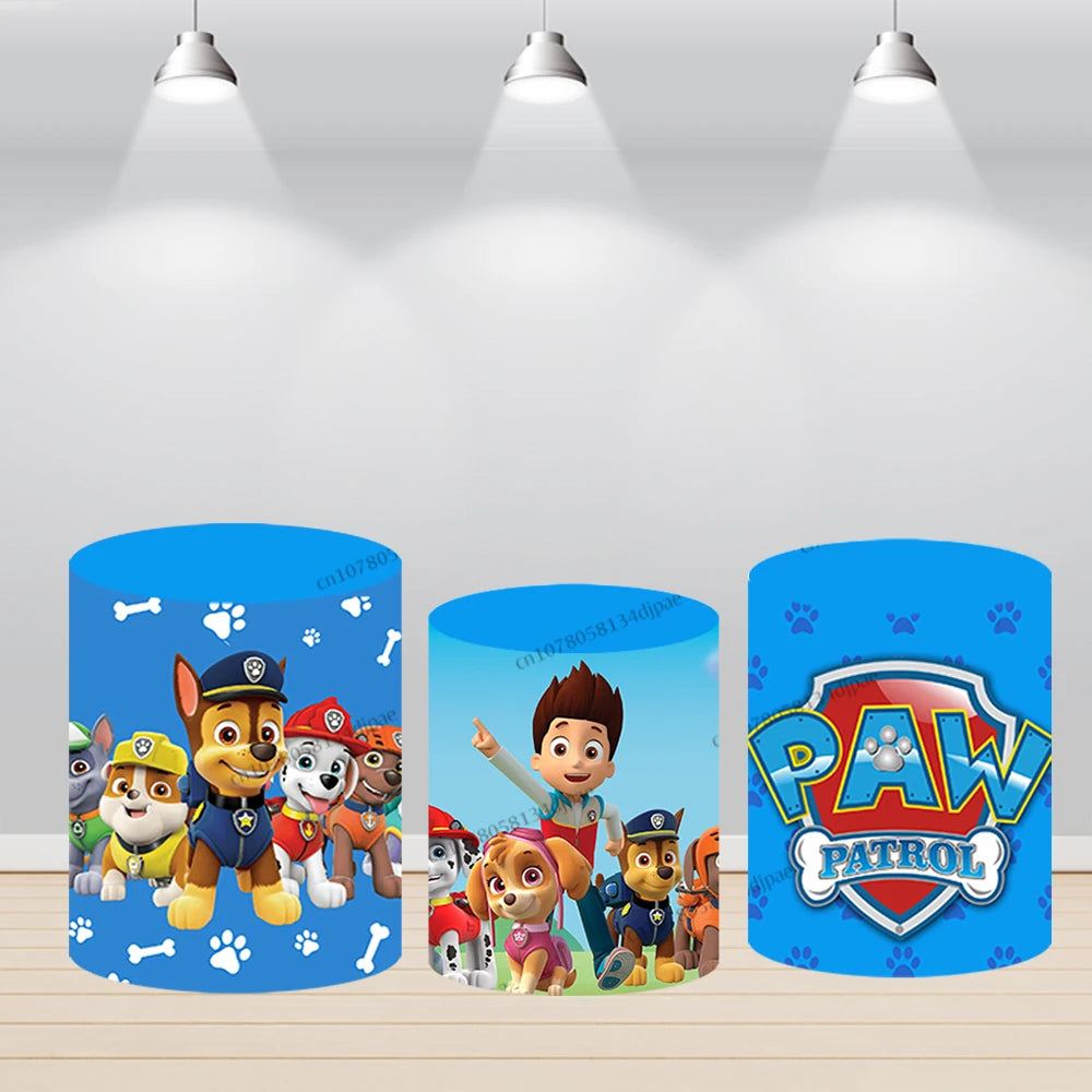 Paw Patrol Background Round Photo Boy Kid Birthday Party Backdrop Blue Runing Hero Dog Cylinder Elastic Cover Decorations Banner