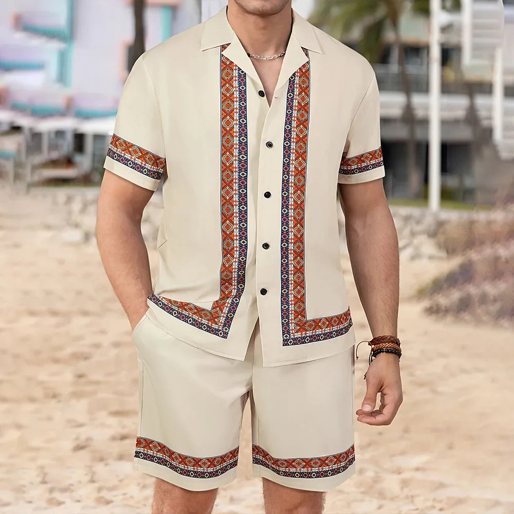 Vacation Men's 2-Piece Outfits Vintage Button Down Short Sleeve Shirt And Shorts Set Elastic Waist Shorts Short Sleeve Shirts