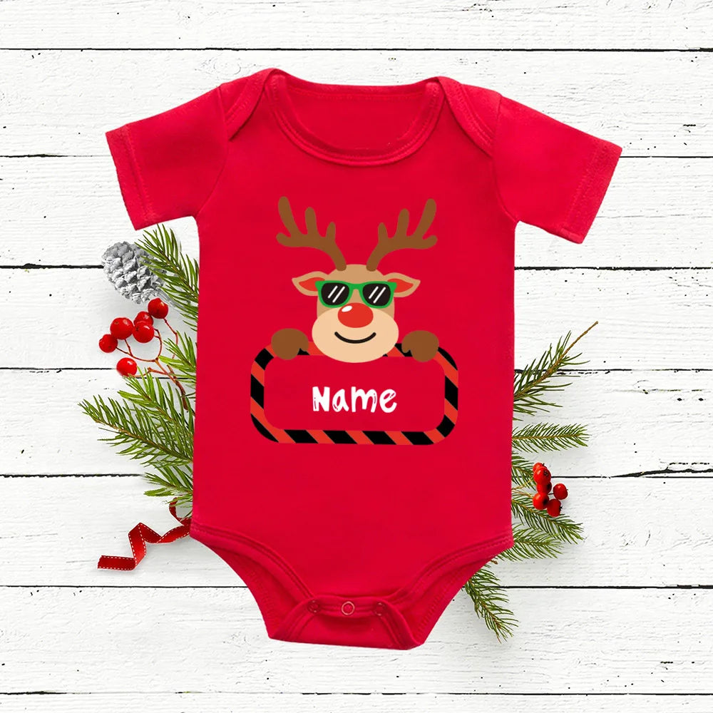 Personalized Baby Christmas Romper Deer with Name Newborn Bodysuit Infant Red Cotton Junpsuit Toddler Xmas Outfit Clothes