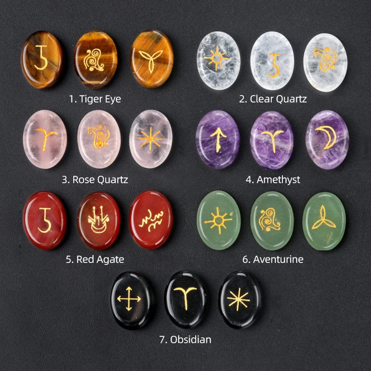 13pcs Witch Runes Natural Crystal Beads Onyx Semi-Precious Carved Ruini Lune Runes Set Decorative Reiki Jewelry Accessories Gift