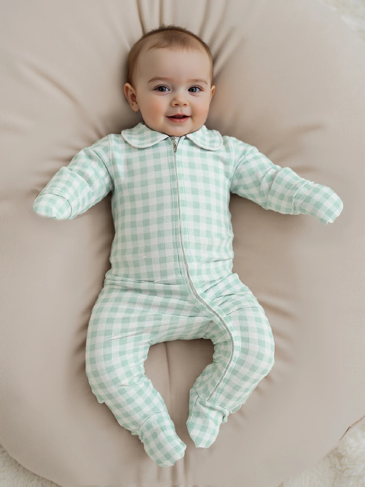 Pudcoco Infant Newborn Baby Fall Romper Plaid Print Doll Collar Long Sleeve Zip Up Footed Jumpsuit 0-6M