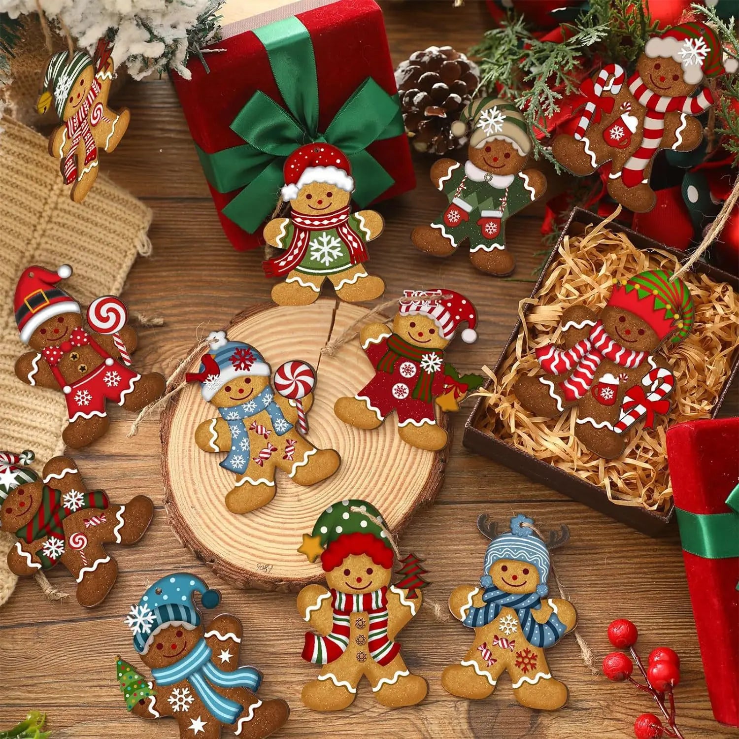 Gingerbread Man Ornaments Set Christmas Tree Wooden Hanging Decorations Pendants Cute Cartoon Xmas DIY Hangings Home Decoration