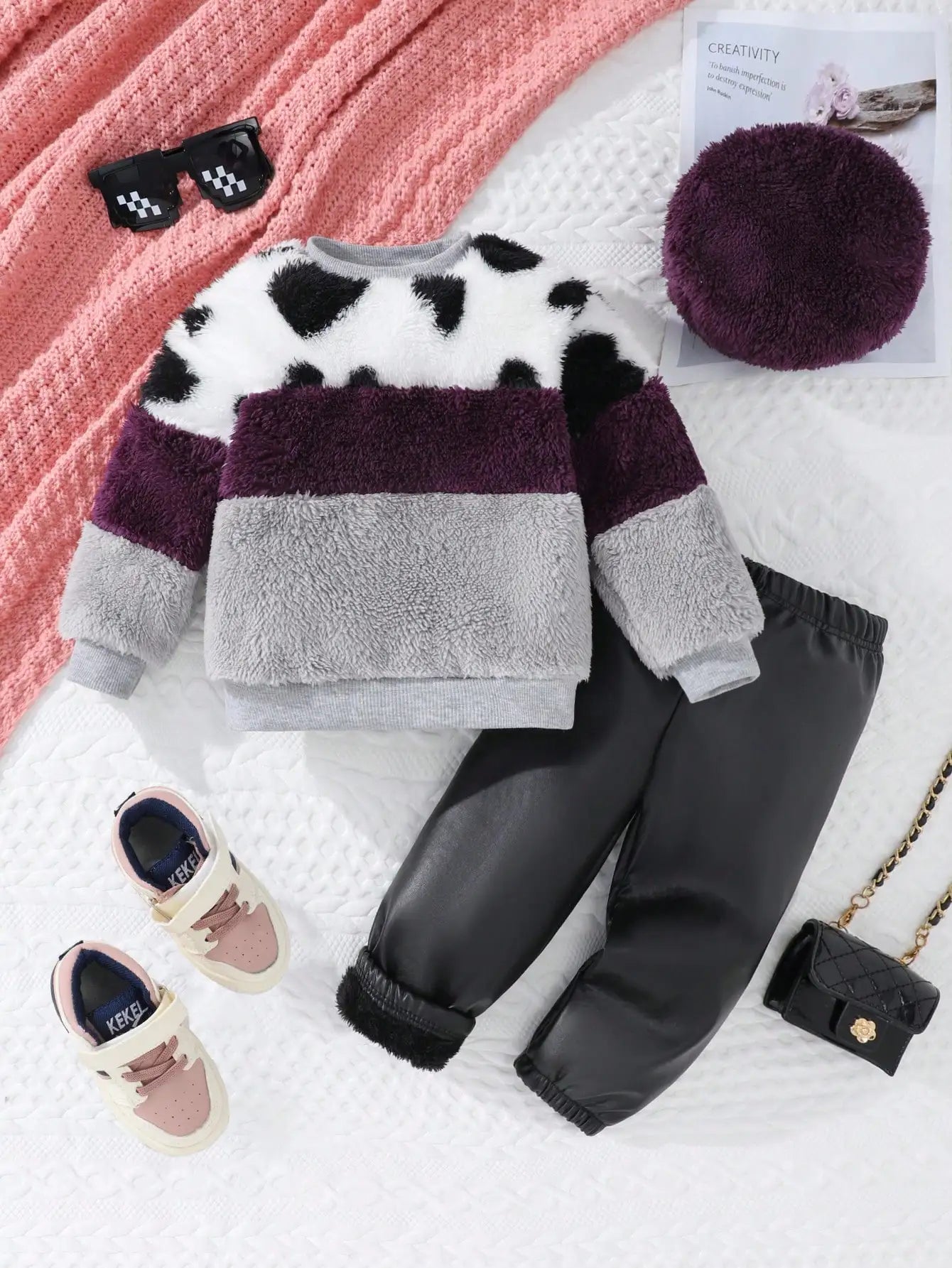 A 3-Piece Set Of Warm Plush Patchwork Hoodie Black Casual Leather Pants And Plush Hat For Baby Girls In Autumn And Winter