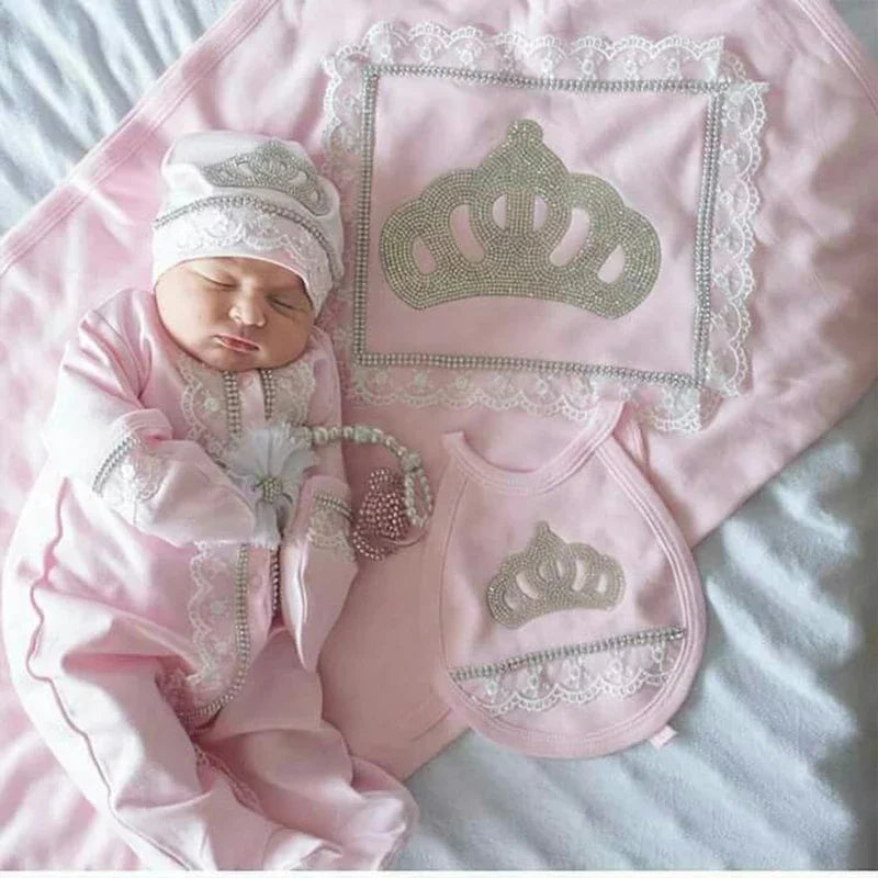Customized Baby Name Newborn Pink Crown Jewels Gift Set 3pcs Outfits Pajamas Receiving Blanket Welcome Home Ceremonial dress