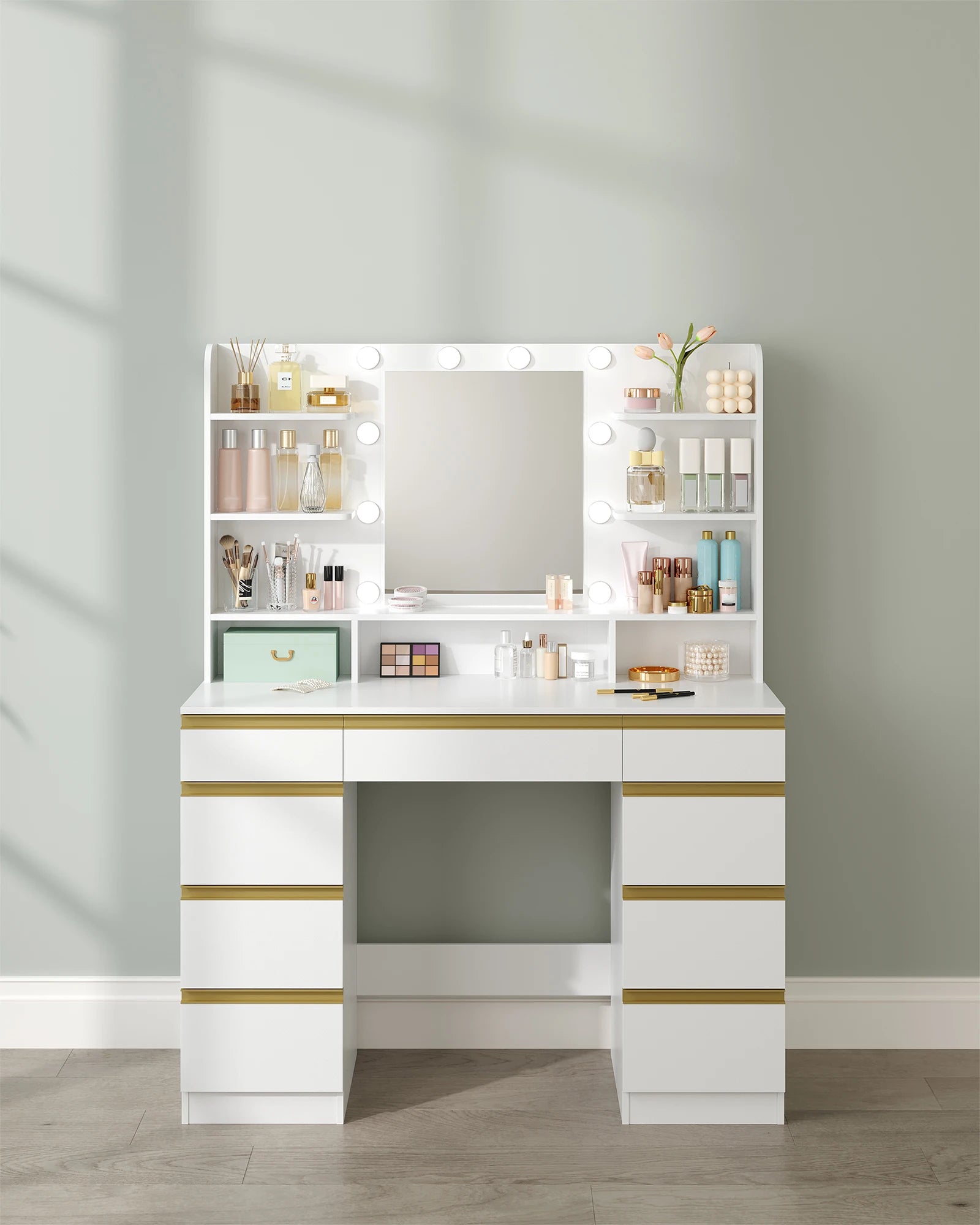 Hzuaneri Coiffeuse avec 10 boules lumineuses LED, luminosité réglable, grand miroir HD, 1 grand tiroir et 8 petits armoires à tiroirs