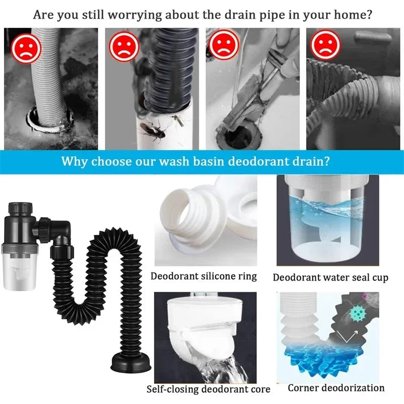 Flexible P-Trap for 30-32mm Drain Pipes Kitchen Sink Washbasin Drainage Pipe Insect-proof Odor-proof Blockage-proof Leak-proof