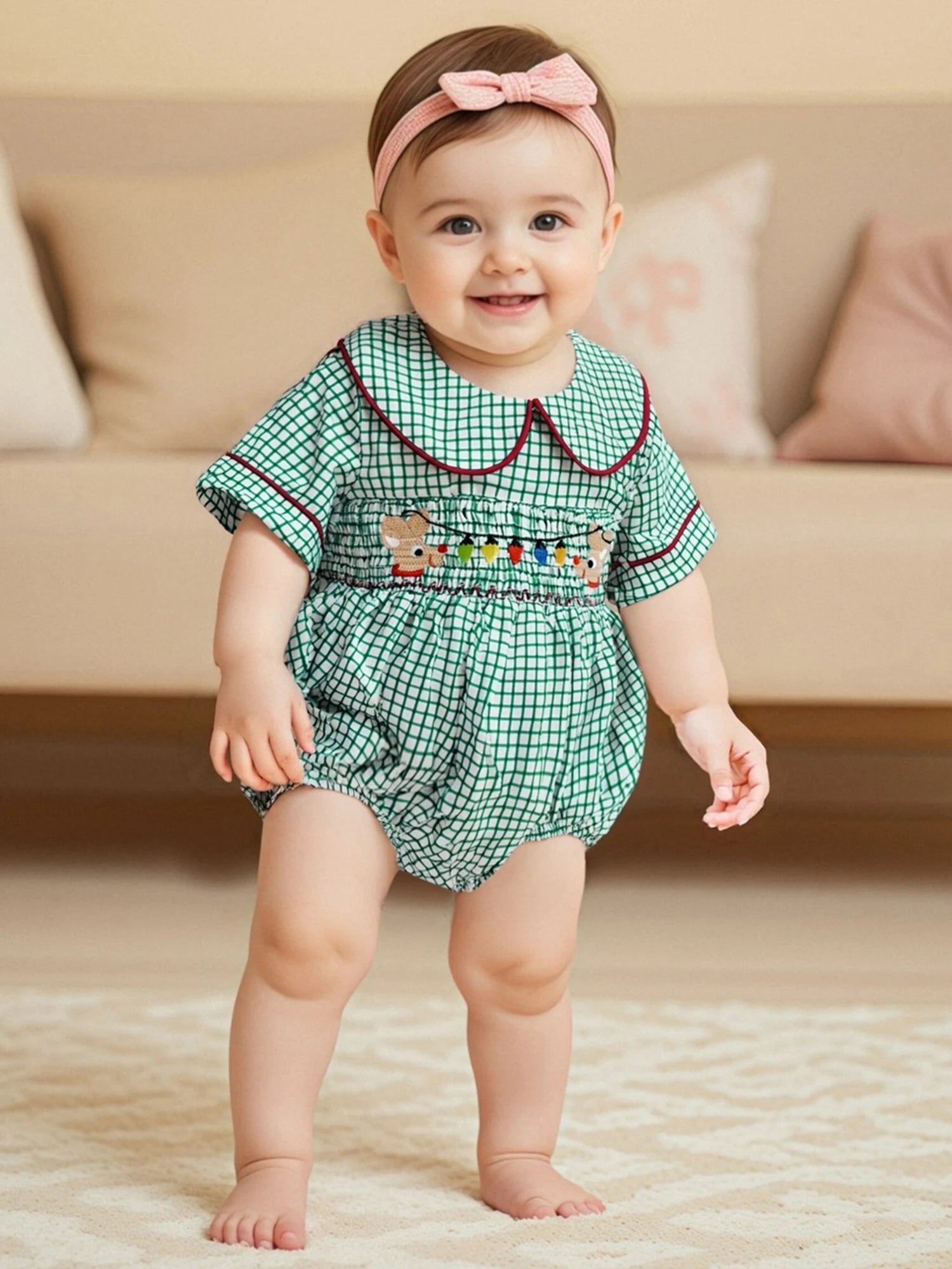 0-18M Infant Baby Girls Boys Christmas Romper Plaid Print Lamp String Embroidery Short Sleeve Doll Collar Bodysuit/Tank Jumpsuit