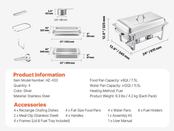 VEVOR 8 Qt 4/6 Pack Chafing Dish Buffet Set Stainless Steel Chafer Rectangle Catering Warmer Server with Lid Water Pan for party