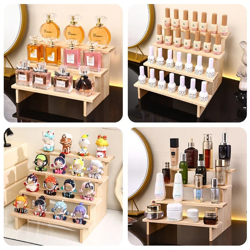 2-5 Tiers Wooden Display Rack Cosmetic Perfume Display Stand Doll Toys Stepped Desk Storage Home Desktop Organization