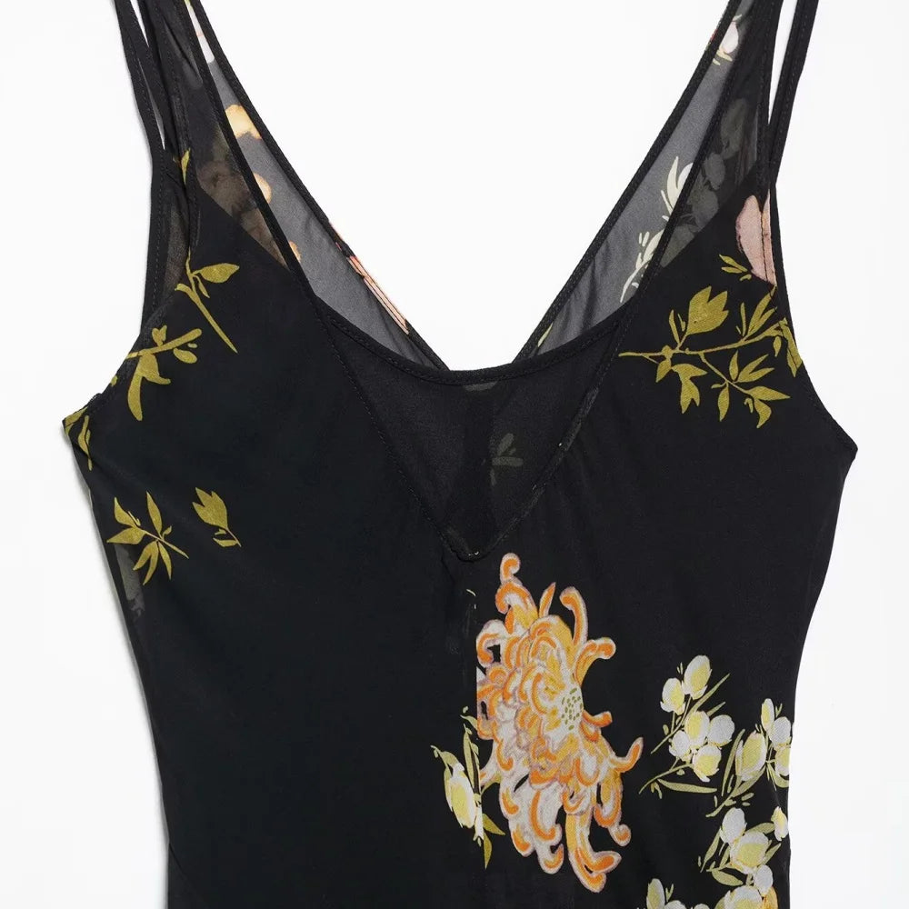 printed waist cinching dress V-neck sleeveless backless pullover summer new women's fashionable temperament long dress