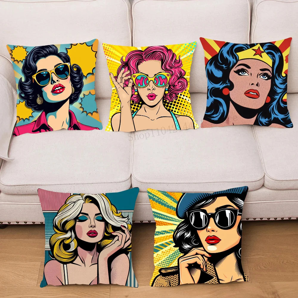 1pc Colorful Pop Art Canvas Comic Woman Pillow Case Square Bedroom Sofa Leisure Comfort Cushion Car Living Room Home Decoration