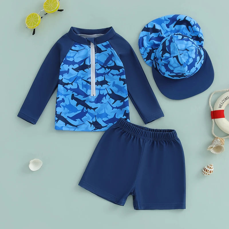 0-36months Toddler Boys Rash Guard Swimsuit Set Animal/Coconut Tree Print Long Sleeve Tops with Shorts and Swim Hat