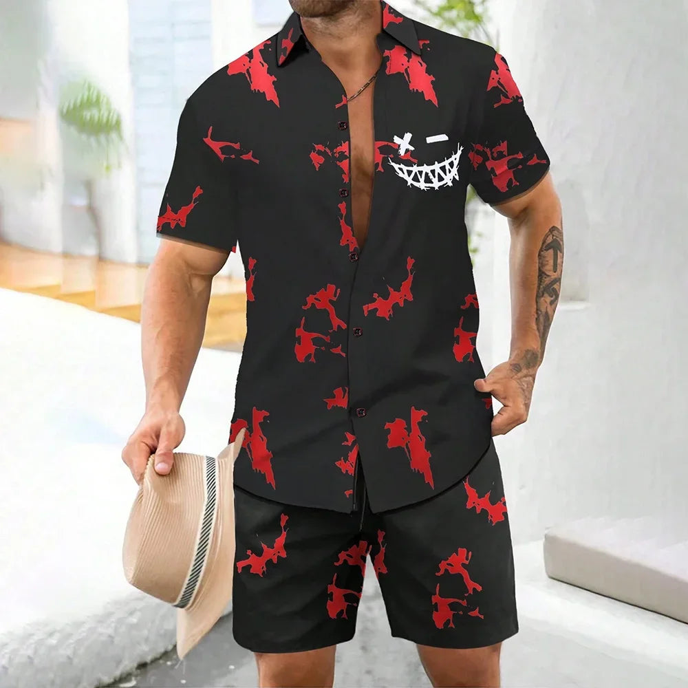 Vacation Men's 2-Piece Outfits Vintage Button Down Short Sleeve Shirt And Shorts Set Elastic Waist Shorts Short Sleeve Shirts