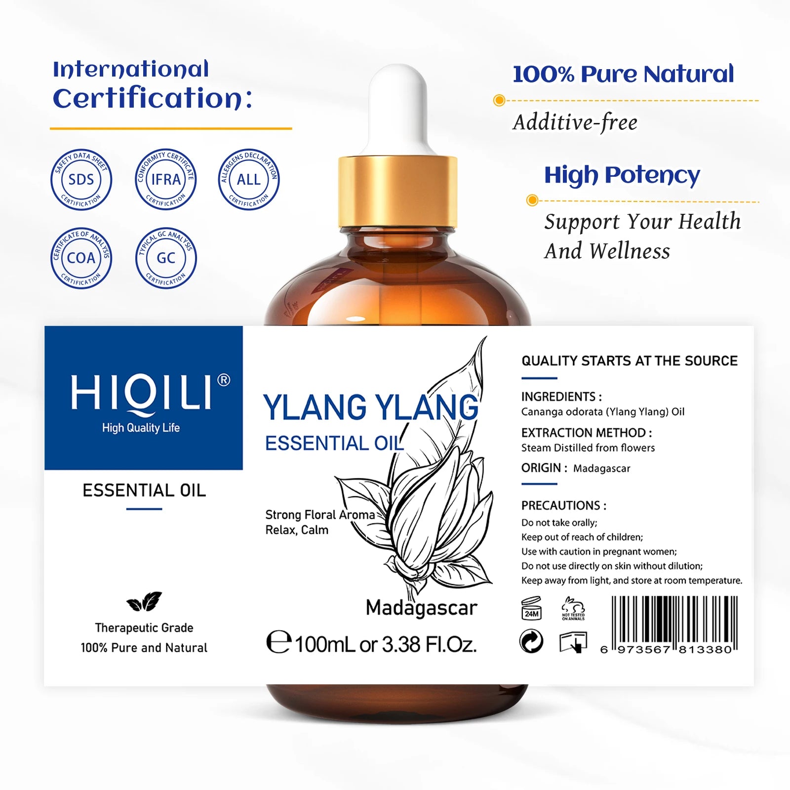 HIQILI Ylang-Ylang Essential Oil 100ML Citronella Geranium 100% Natural Tree Oil for Skin Massage Stress Relief & Aromatherapy