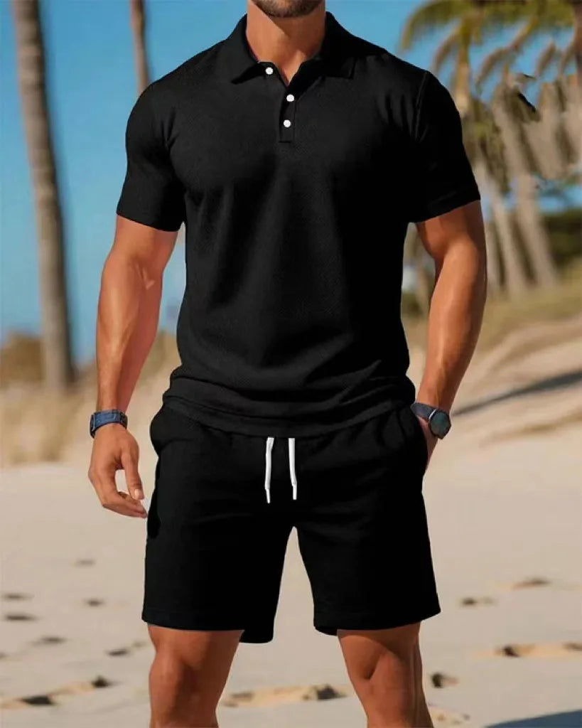 Men's Clothing Summer New Men's Casual Sports two-piece Mesh ventilation Breathable   Lapel Polo Shirt Short-Sleeved Suit