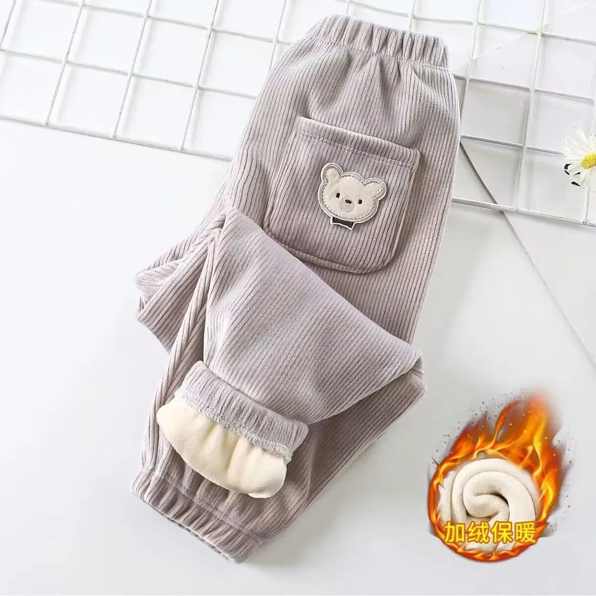 1pcs Boy Girl Winter Velvet Corduroy Kids Pants Little Bear Cartoon Mid Waist Warm Pantalones Baggy Thick Plush Children Trouser