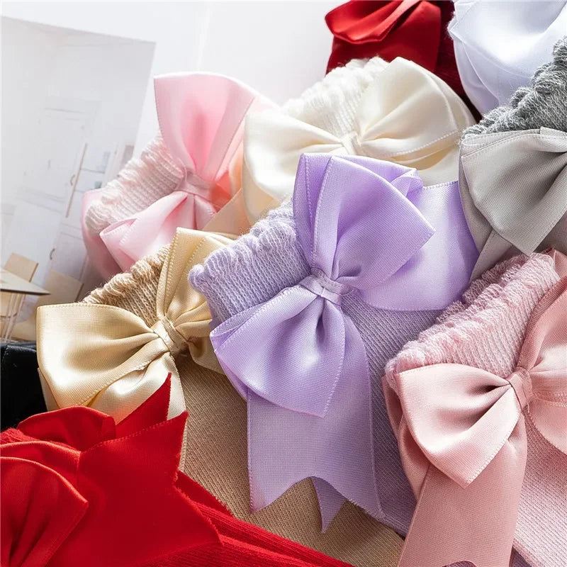 0-24months Infant Girl Below Knee Socks Solid Color Bow Decor Stockings For Girls Infant Breathable Socks