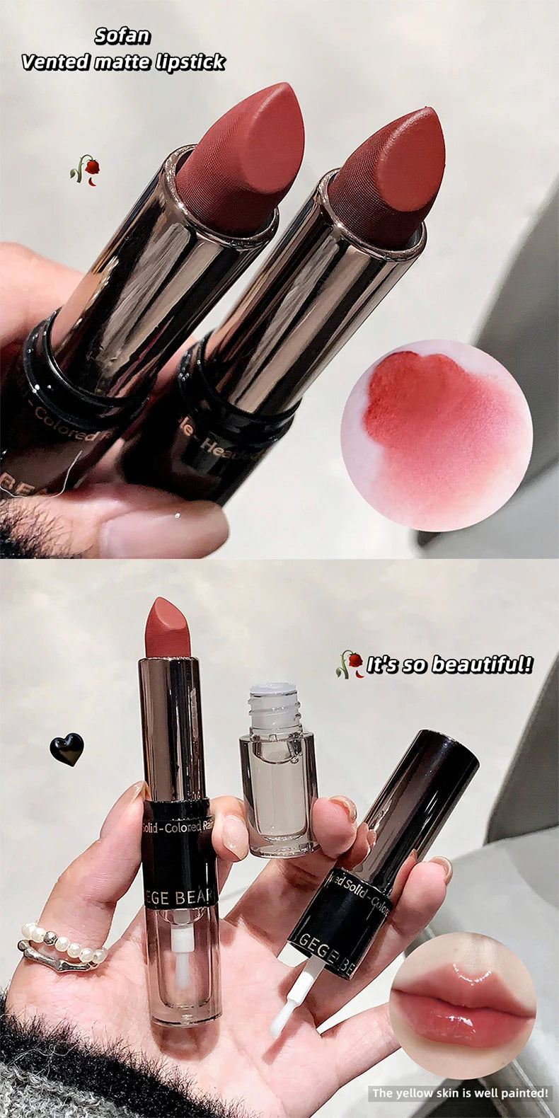 Gege Bear Double-ended Lipstick with Lip Oil for Moisturizing and Hydrating Layered Color-developing Long-lasting Lipstick