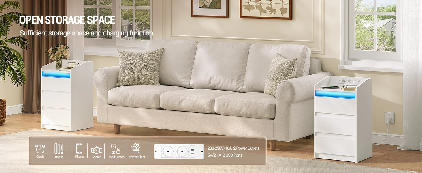 Hzuaneri Table de chevet avec 3 tiroirs, table d'appoint avec station de recharge et LED, 2 ports AC et 2 USB pour chambre à coucher, salon
