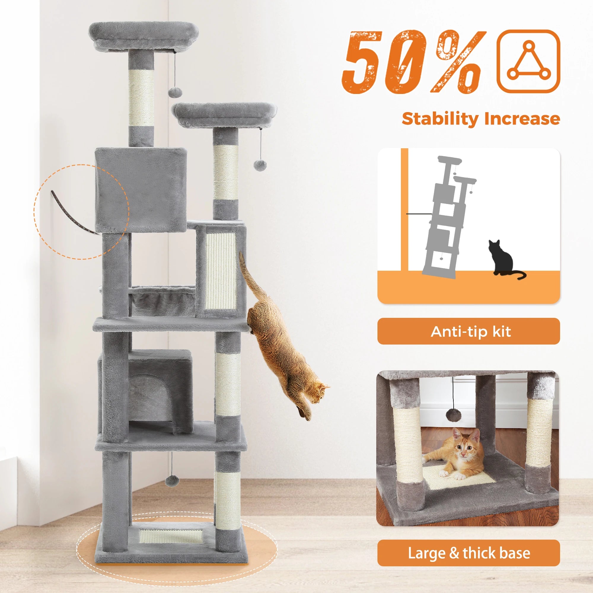 Stable&Safe Multi-Level Cat Tree Tower with Cozy Condo,Scratching Posts&Boards,Perches,Hammock,Pompoms for Active Cats,Cat Toys