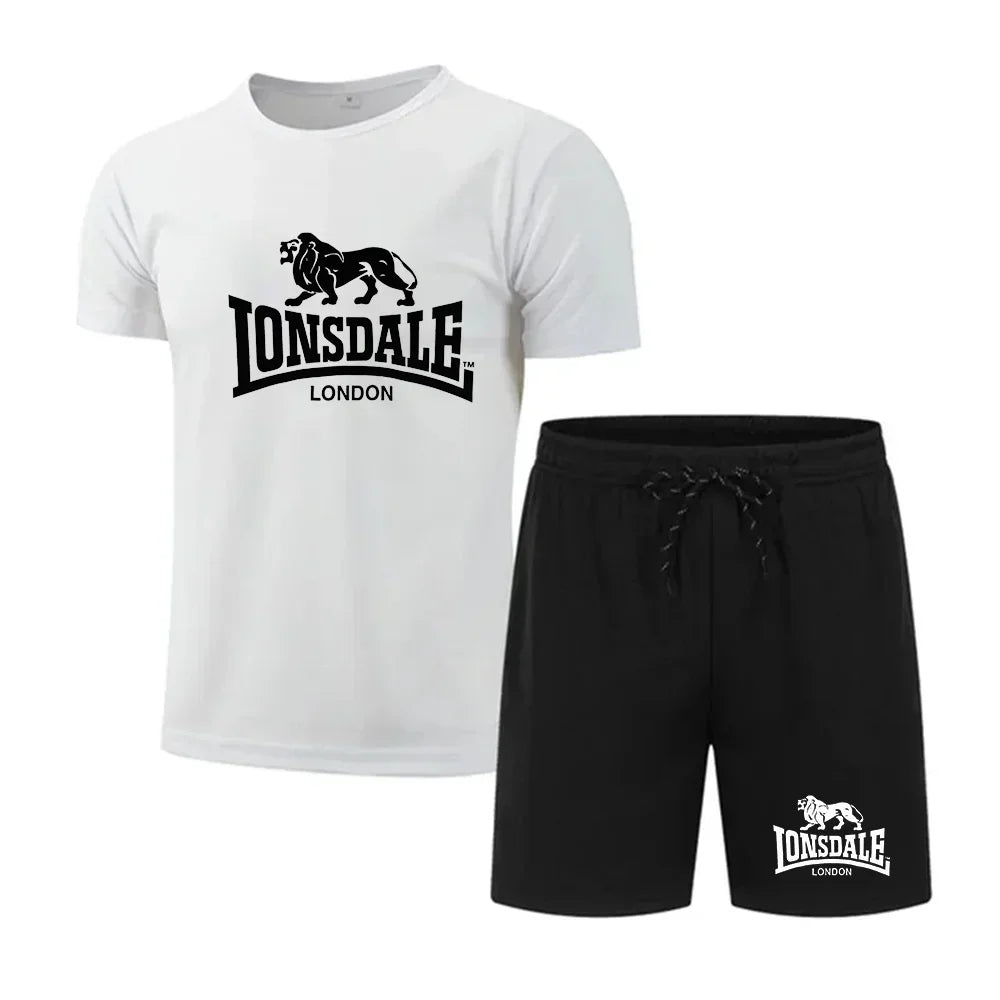 Men's summer T-shirt+shorts mesh set Lonsdale printed quick drying breathable sports set short jogging gym casual sportswear