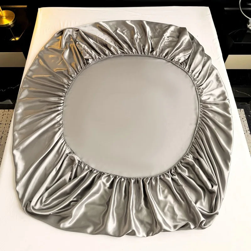 2025 new machine washable ice silk fitted sheet solid color cool silk mattress protective cover single piece no pillowcase