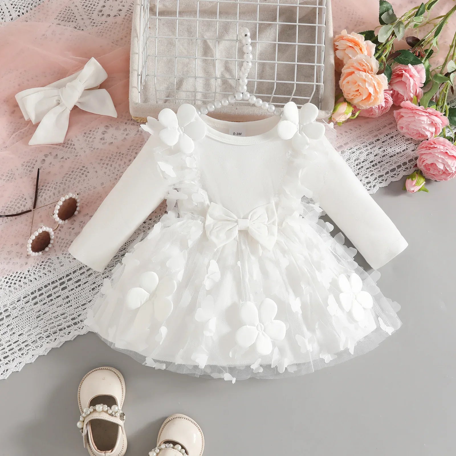 0-2Y Baby Girl Clothes 2Pcs Set Butterfly Tulle Patchwork Bow Baby Dresses for Newborn Girls and Headband Princess Party Outfit