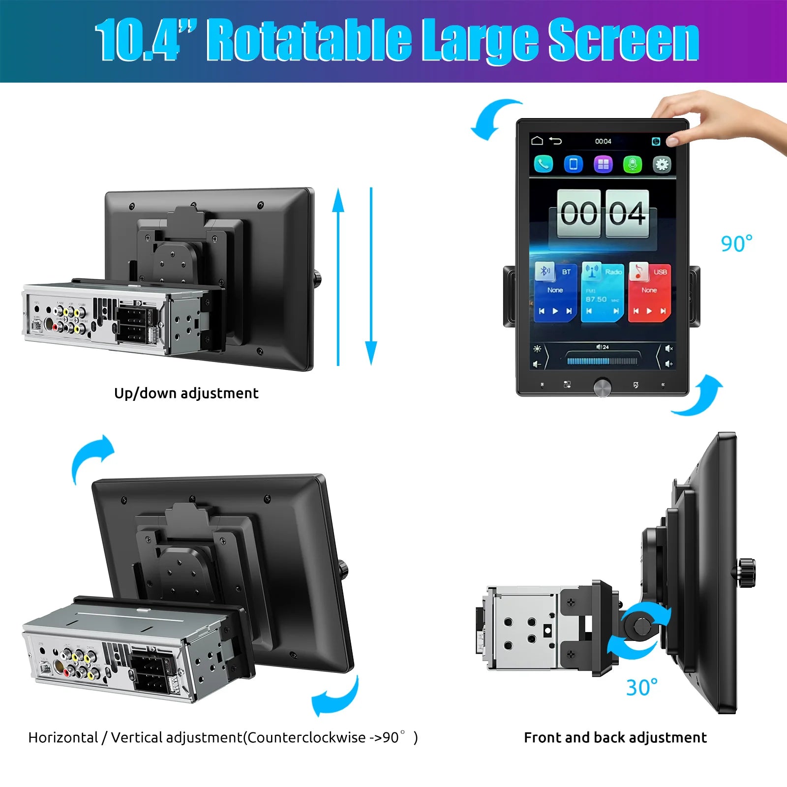 ESSGOO 10.4" Car Stereo Single DIN Wireless CarPlay Android Auto Rotatable Touch Screen Bluetooth GPS Nav Radio Player Head Unit