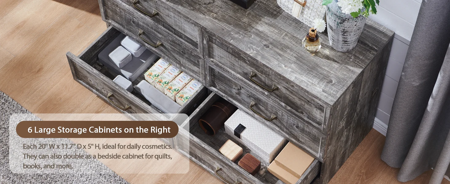 Rustic wood bedroom dresser, 69" wide, with glass top, 9 large storage drawers, 3 usable color lights and 30" HD LED mirror