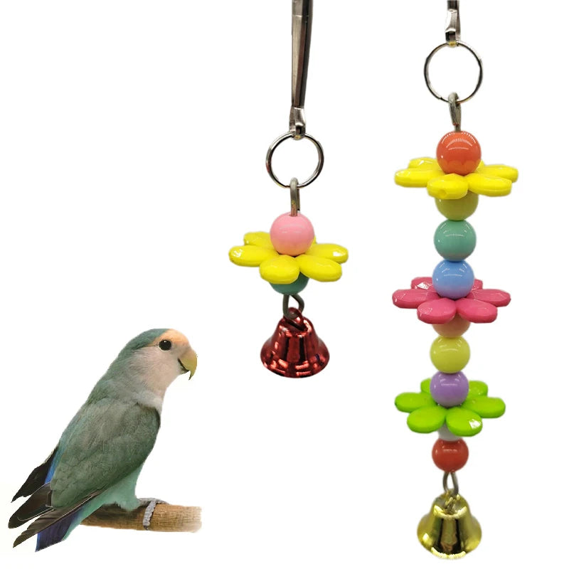 ألعاب الطيور لعبة مضغ الببغاء جرس قلادة خرز دائري ملون لعبة زهرة خيطية للببغاء ملحقات قفص الطيور لون عشوائي