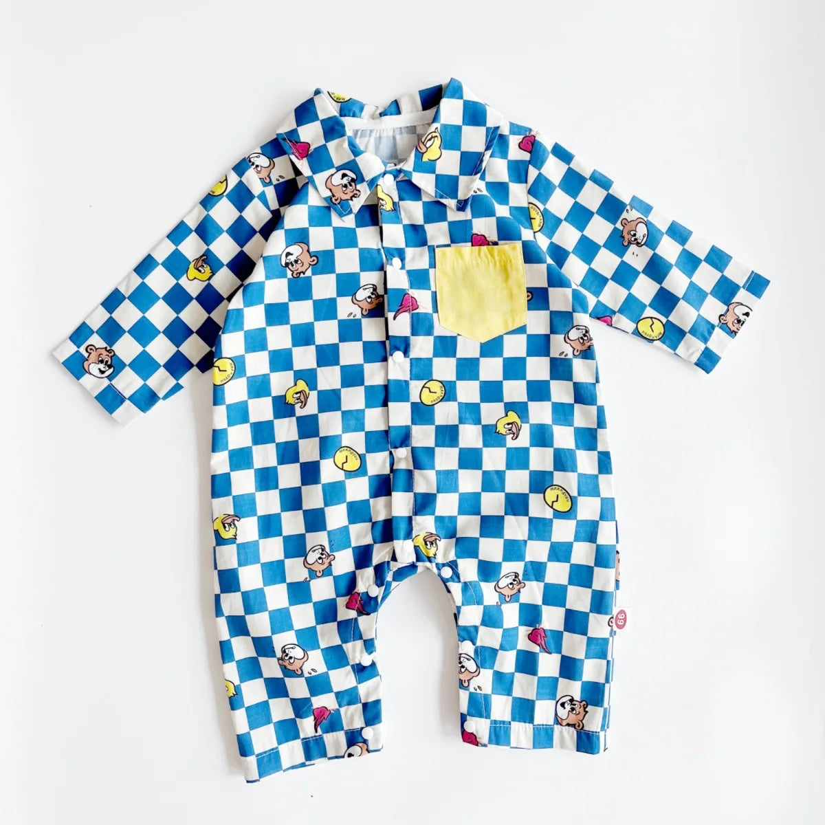 2024 Spring/Autumn New Infant Toddler Pure Cotton Grid Cartoon Printed Long Sleeve Single-Breasted Buttoned Romper