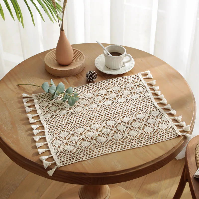 Boho Beige placemats, Vintage Farmhouse Bohemian Crochet Macrame placemats for Wedding Party Coffee Dining Table Decor