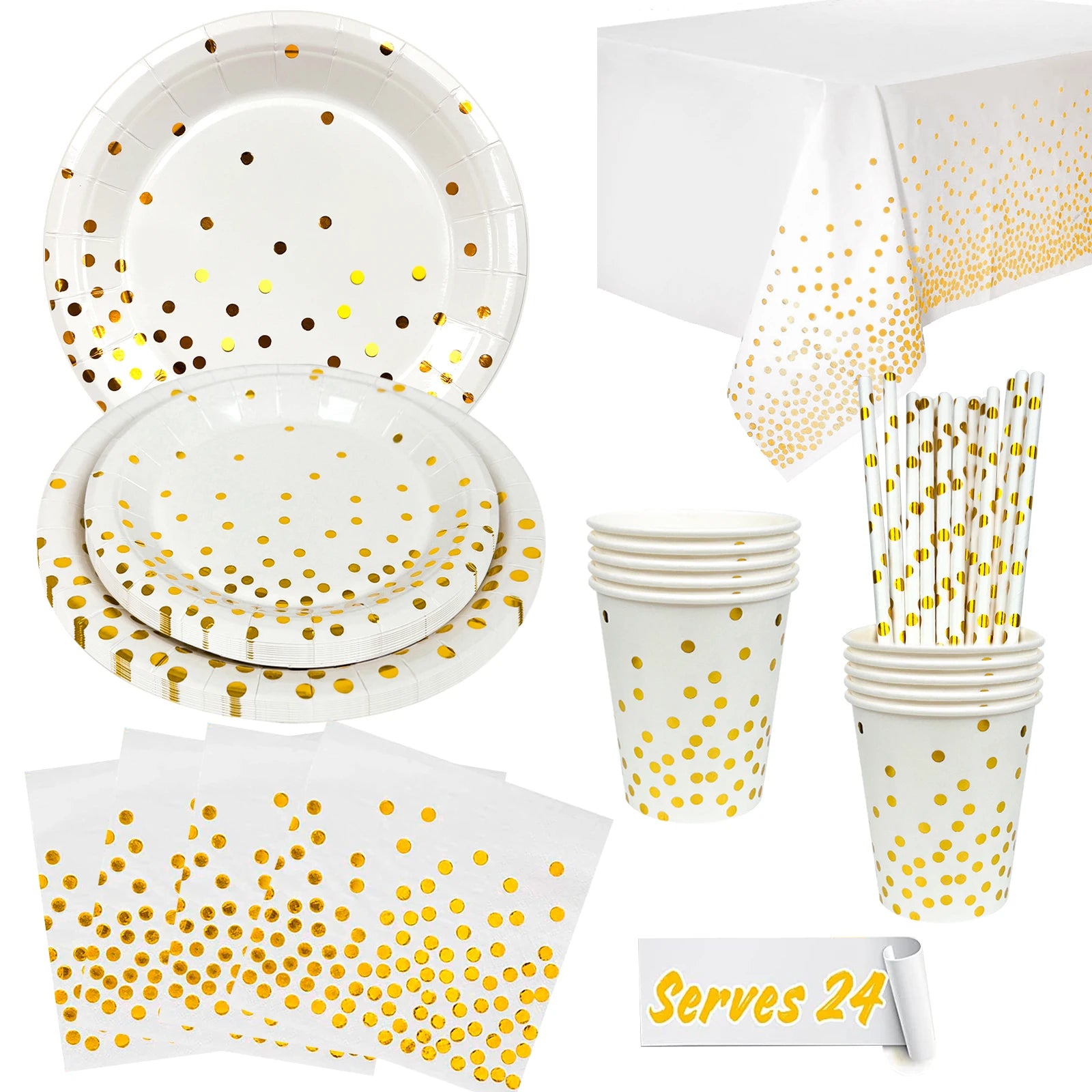 White And Gold Party Supplies 121pcs Golden Dot Disposable Party Dinnerware Set - White and Gold Party Paper Plates Cups Napkins