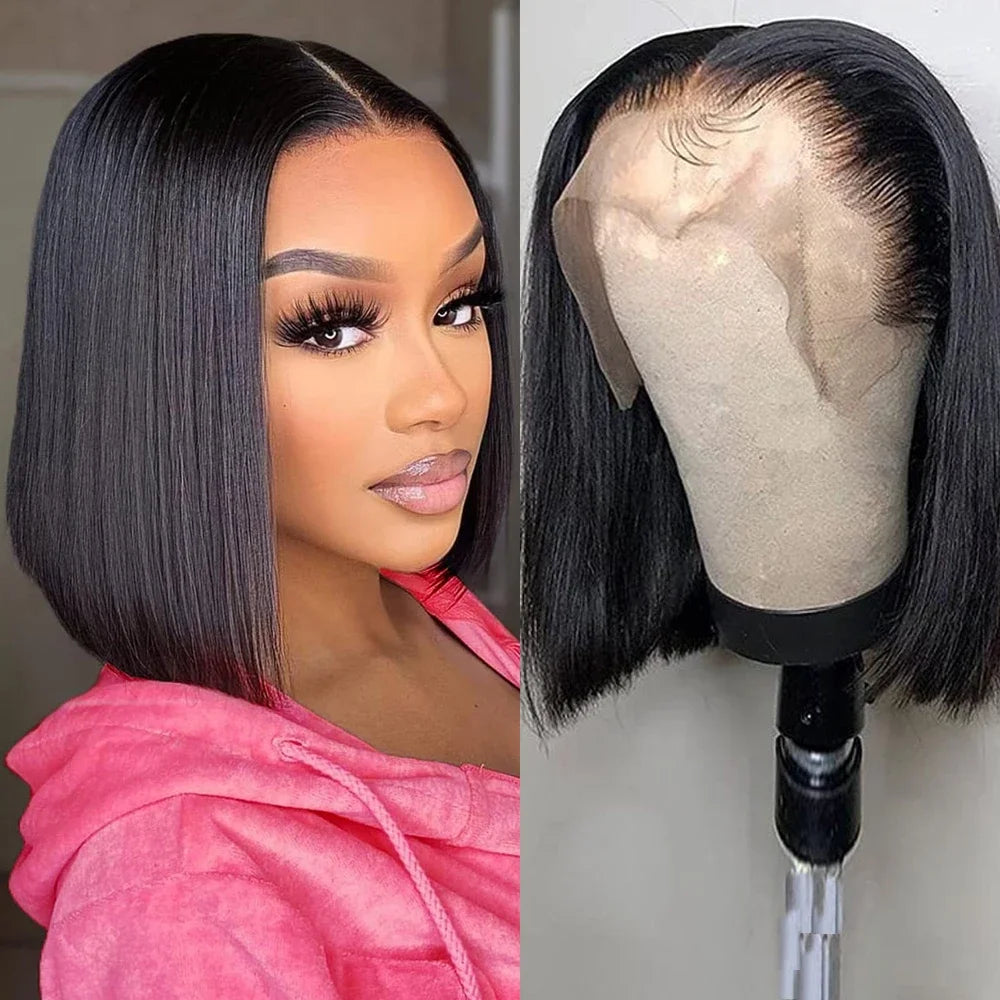 220% Density Bob Wigs Straight 100% Human Hair Lace Front Wigs 13x4 Bob Brazilian Remy Hair Pre-plucked Lace Front Wigs 16 inch