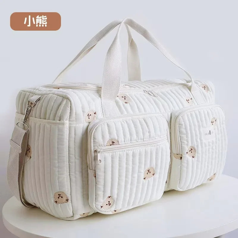 Baby Diaper Bag Cute Bear Flower Embroidery Pattern Mommy Bag Baby Beige Cotton Fabric Zipper Diaper Handbag New Luggage Bag