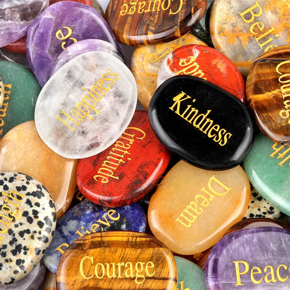 Natural Crystal Engraved Different Inspirational Word Worry Stones Reiki Healing Christmas Thanksgiving Gifts