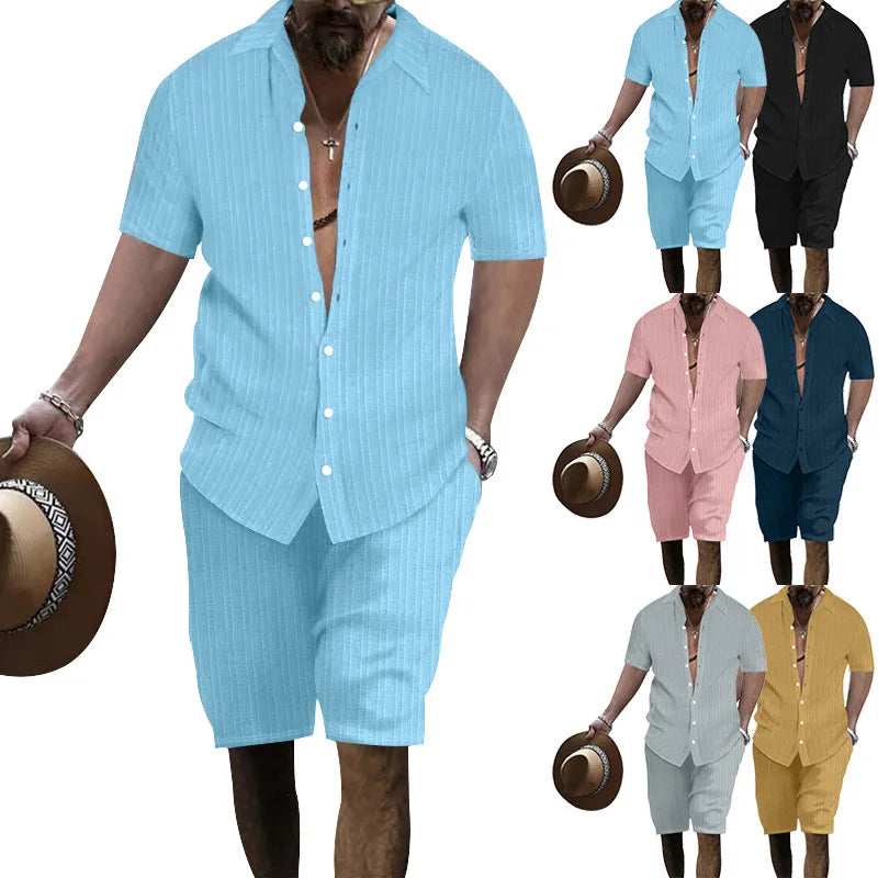 Summer European and American Style Men's Clothing Short Sleeve Cardigan Suit Men's Casual Loose Short Sleeves Shorts Beach Suit
