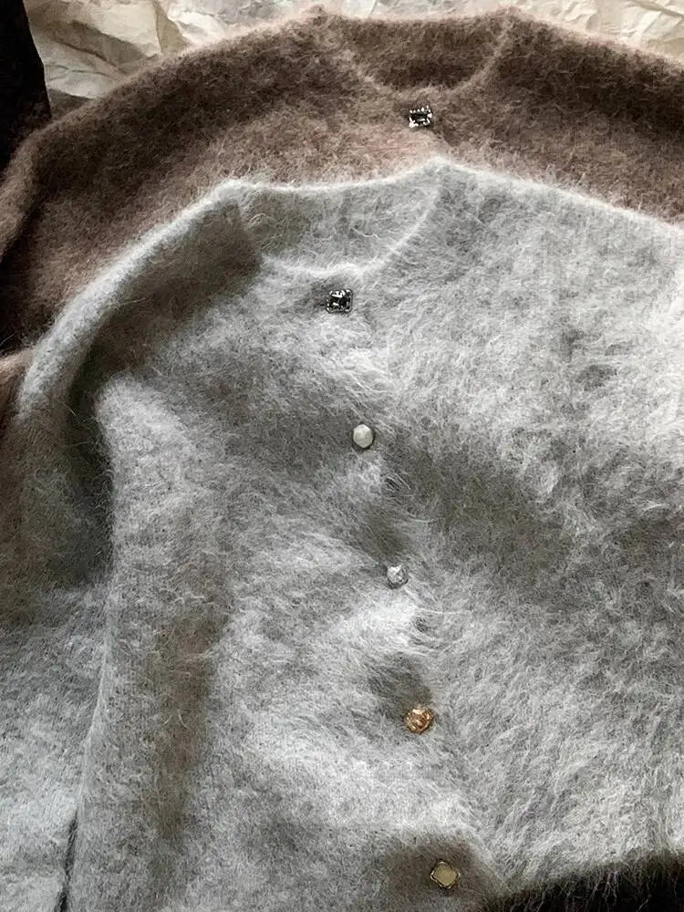 Winter Alpaca Wool Knitted Cardigan Women Soft Round Neck Single Breasted Loose Button Sweater Coat