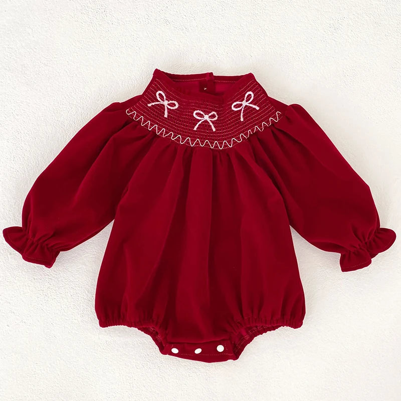 2025 Christmas 0-24M Baby Girls Jumpsuit Casual Bow Embroidered Long Sleeves Newborn Romper Christmas Party Toddler Cute Clothes
