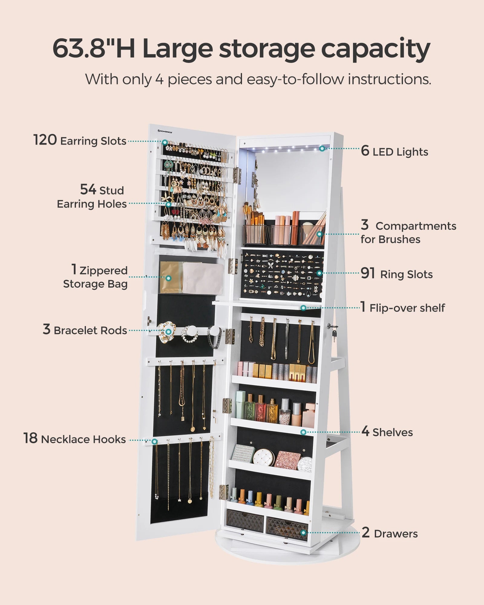 SONGMICS Armoire à bijoux miroir verrouillable à 6 LED, 360 °   Organisateur de bijoux pivotant, armoire à bijoux sur pied