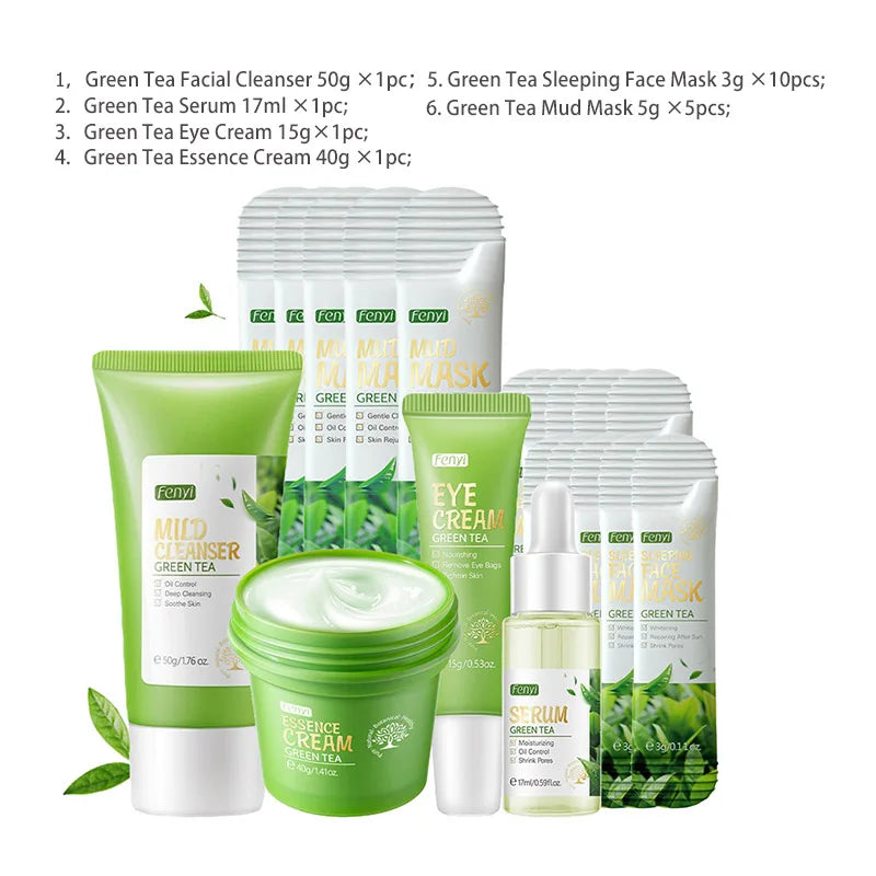 19pcs Gift Box Kit Green Tea Skin Rejuvenation Face Essence Korean Face Cream Fade Dark Circles Eye Cream Skin Care Products