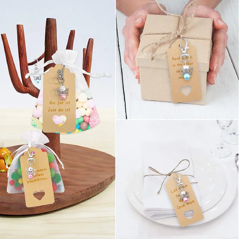 24Set Angel Pendants, Keychain with Organza Pouch and Kraft Paper Pendant for Wedding,Party,Christmas,Thank You Gift,Christening