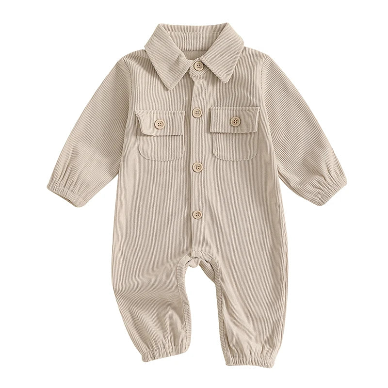 Pudcoco Baby Autumn Casual Corduroy Jumpsuit Long Sleeve Lapel Solid Color Button Up Romper